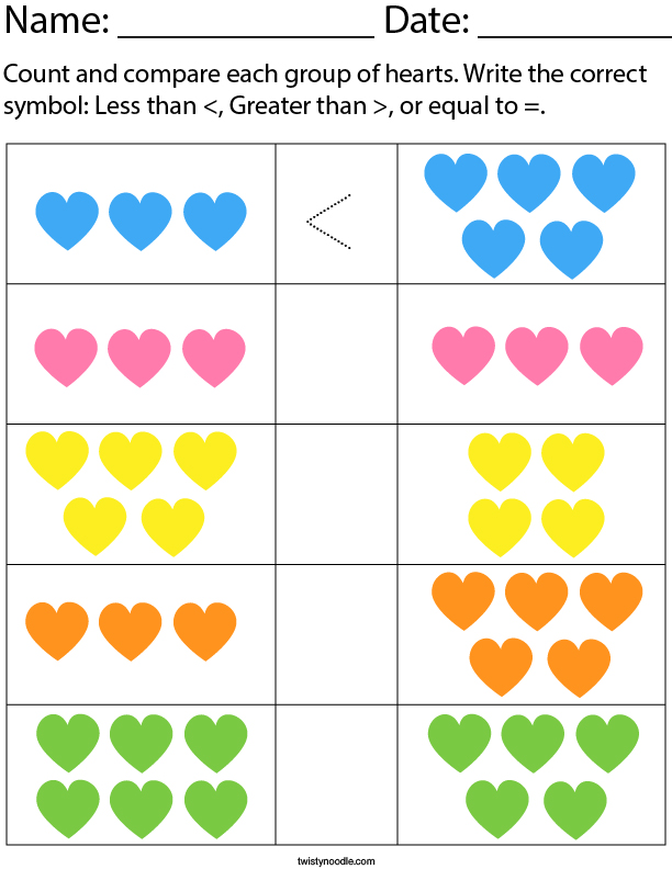 Count and Compare each Group of Hearts Math Worksheet - Twisty Noodle